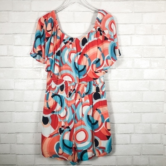 Kaari Blue Concentric Coral and Blue Romper - Picture 1 of 5